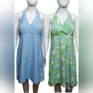 Y2k Reversable Halter Neck Dress Sporty Tropical Blue Green